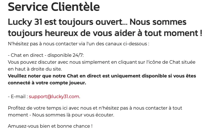 Lucky31 soutien à la clientèle